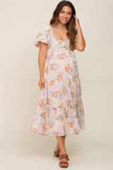 Cream Floral Puff Sleeve Tiered Maternity Midi Dress