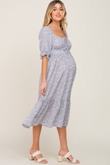 Periwinkle Floral Square Neck Front Tie Maternity Midi Dress