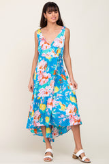 Blue Floral Satin Wrap Front Lace-Up Back Midi Dress