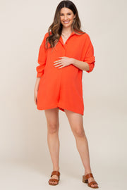 Coral Long Sleeve Button Down Maternity Romper