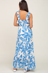 Blue Leaf Printed Smocked Ruffle Maternity Maxi Dress