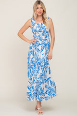 Blue Leaf Printed Smocked Ruffle Maternity Maxi Dress