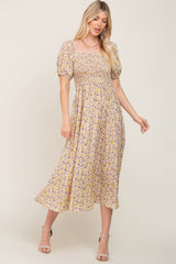 Yellow Abstract Floral Smocked Maternity Midi Dress