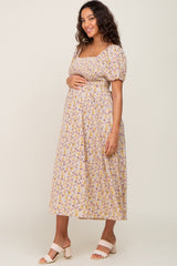 Yellow Abstract Floral Smocked Maternity Midi Dress