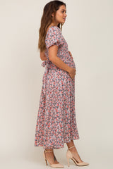 Coral Abstract Floral Smocked Maternity Midi Dress