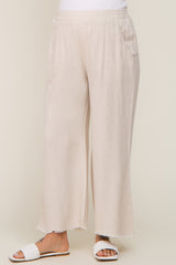 Beige Fringe Hem Linen Maternity Pants