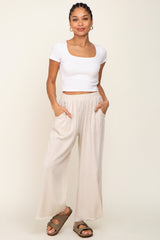 Beige Fringe Hem Linen Maternity Pants