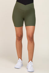 Olive Ribbed Crisscross Maternity Biker Shorts