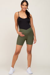 Olive Ribbed Crisscross Maternity Biker Shorts