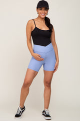 Periwinkle Ribbed Crisscross Maternity Biker Shorts