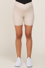 Beige Ribbed Crisscross Maternity Biker Shorts