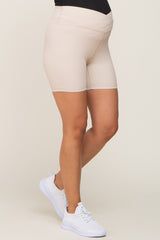 Beige Ribbed Crisscross Maternity Biker Shorts