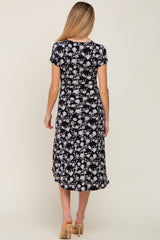 Black Floral Wrap Front Ruched Hi-Low Maternity Midi Dress