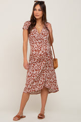 Rust Floral Wrap Front Ruched Hi-Low Maternity Midi Dress