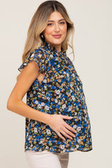 Black Floral Smocked Mock Neck Maternity Blouse