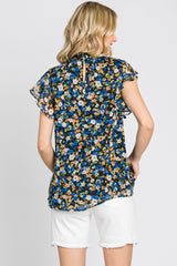 Black Floral Smocked Mock Neck Blouse