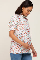 Orange Floral Ruffle Mock Neck Maternity Blouse