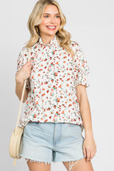 Orange Floral Ruffle Mock Neck Blouse