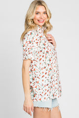 Orange Floral Ruffle Mock Neck Blouse