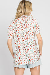 Orange Floral Ruffle Mock Neck Blouse