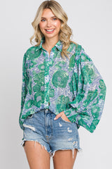 Green Floral Button Up Blouse