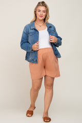 Peach Elastic Waist Linen Maternity Plus Shorts