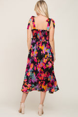 Black Printed Satin Smocked Midi Dress
