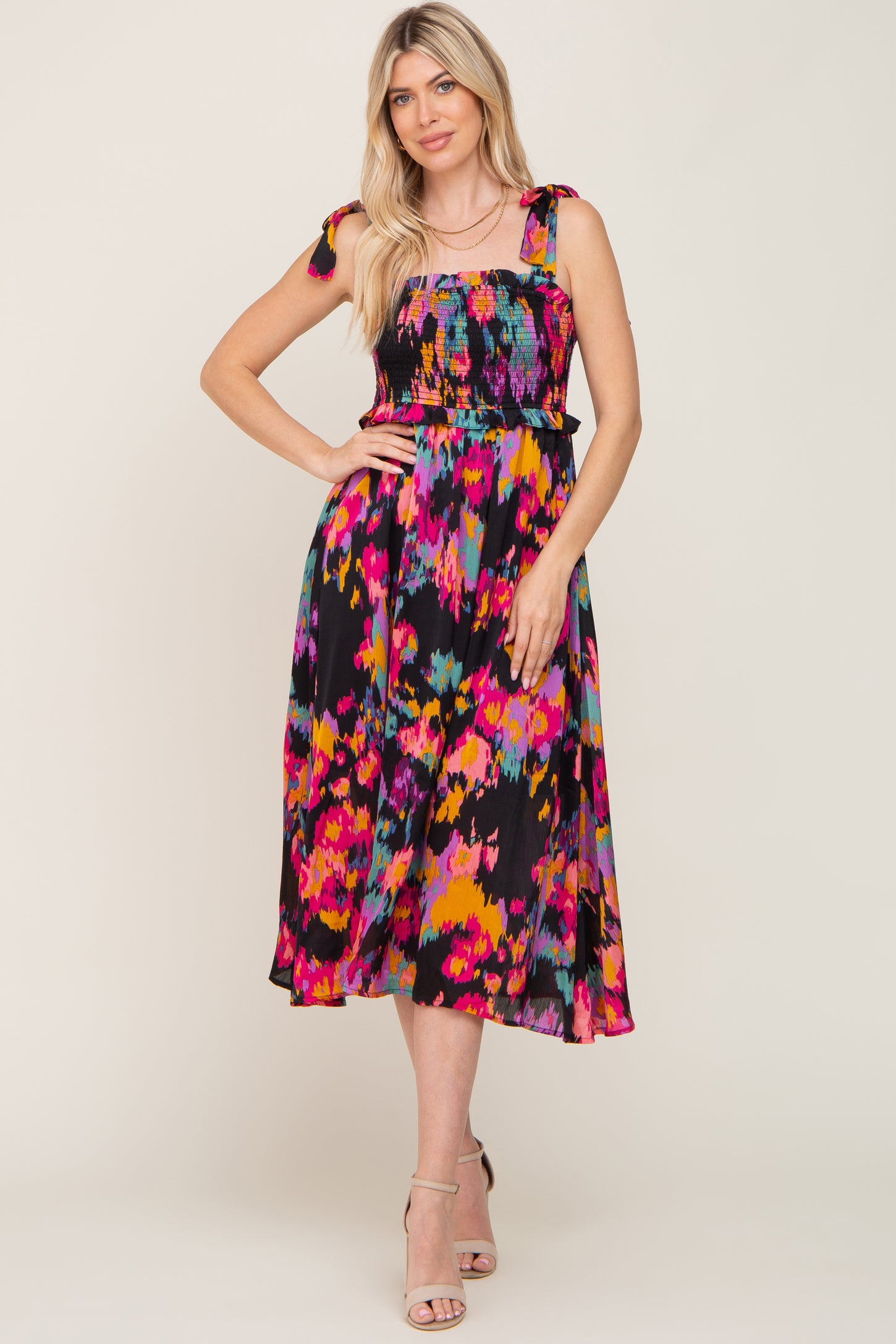 Black Printed Satin Smocked Midi Dress