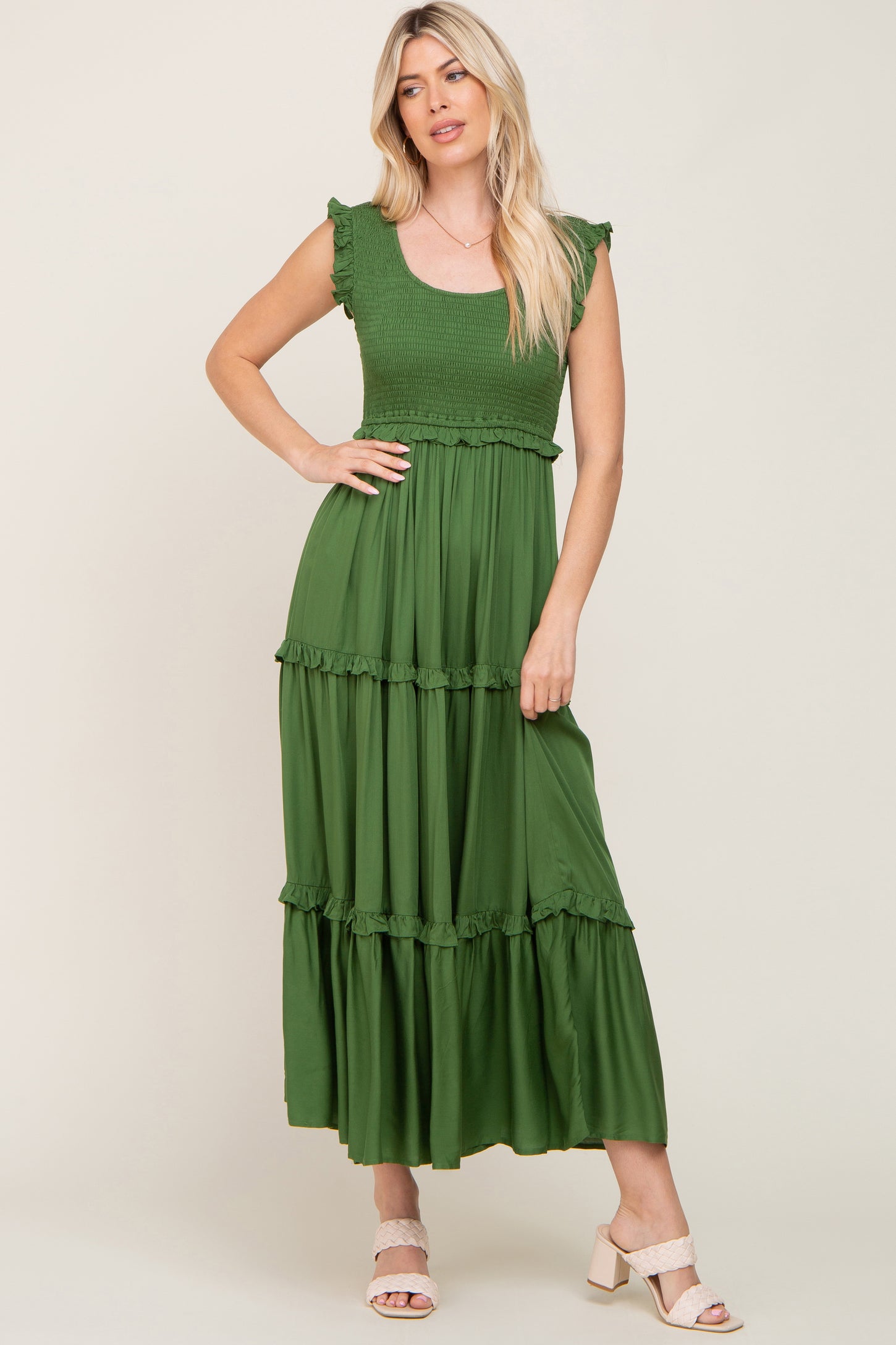 Green Smocked Ruffle Tier Maxi Dress