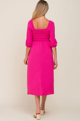 Fuchsia Swiss Dot 3/4 Sleeve Maternity Midi Dress