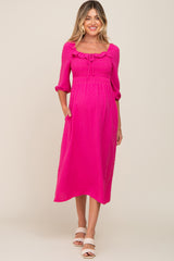 Fuchsia Swiss Dot 3/4 Sleeve Maternity Midi Dress