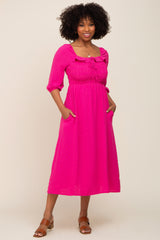 Fuchsia Swiss Dot 3/4 Sleeve Midi Dress