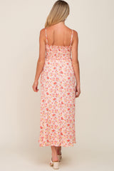 Peach Square Neck Smocked Maternity Midi Dress