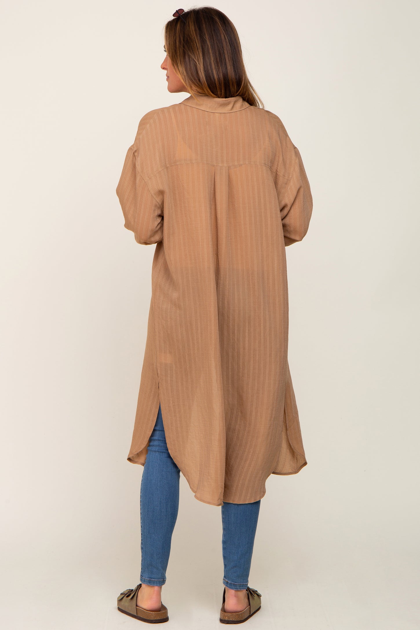 Taupe Striped Lightweight Button Down Top