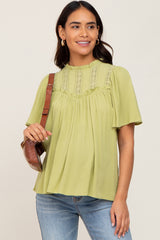 Light Olive Floral Crochet Ruffled Maternity Blouse