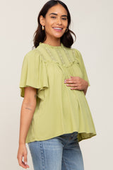 Light Olive Floral Crochet Ruffled Maternity Blouse