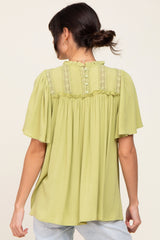 Light Olive Floral Crochet Ruffled Blouse