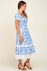 Blue Floral Pleated Eyelet Trim Midi Dress