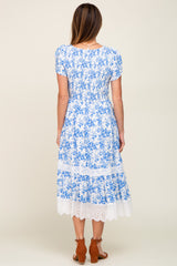 Blue Floral Pleated Eyelet Trim Midi Dress