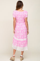 Pink Floral Pleated Eyelet Trim Midi Dress