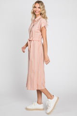 Peach Textured Stripe Button Front Linen Dress