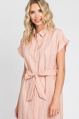 Peach Textured Stripe Button Front Linen Dress