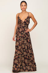 Black Floral V-Neck Cross Back Maxi Dress