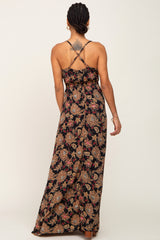 Black Floral V-Neck Cross Back Maxi Dress