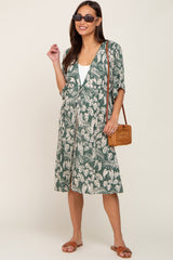 Green Palm Print Front Tie Short Sleeve Maternity Cover Up