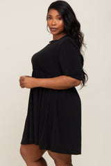 Black High Neck Puff Sleeve Plus Dress