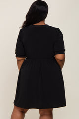 Black High Neck Puff Sleeve Plus Dress