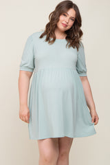 Light Green High Neck Puff Sleeve Maternity Plus Dress