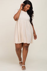 Cream High Neck Puff Sleeve Plus Dress