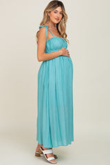 Turquoise Sleeveless Ruffle Trim Maternity Maxi Dress